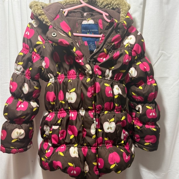Falls Creek Other - Falls Creek Brown Puffer Coat with Pink and White Apple Print